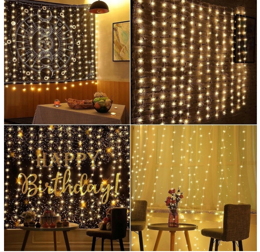 Kalėdinės lemputės – užuolaida 3×3 m (300 LED, geltona)