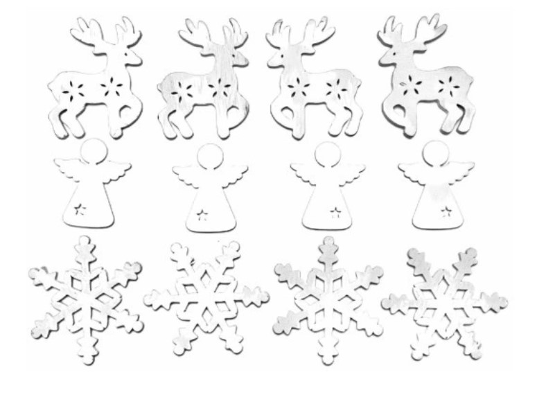 Medinės kalėdinės dekoracijos 12 vnt. (balta, 5-8 cm)
