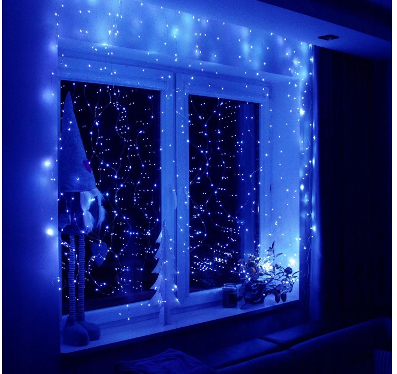 Kalėdinės lemputės – užuolaida 3×3 m (300 LED, mėlyna)